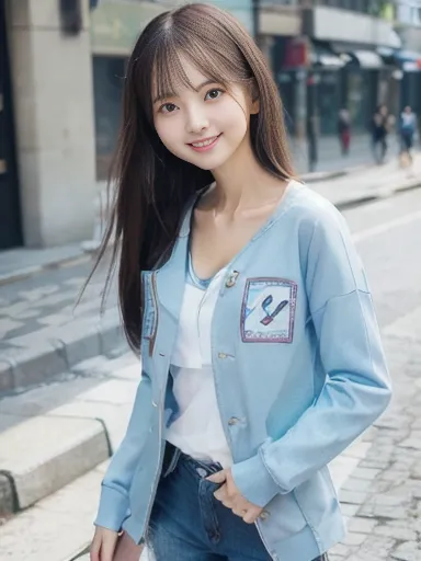 bustling city, light blue painted varsity jacket, layered clothing, break, white t-shirt, slim knee-length jeans, sandals, holding smartphone, full body, ((masterpiece)), ((best quality)), (ultra-detailed), ((beautiful eyes)), Japanese female, (slender:1.3...