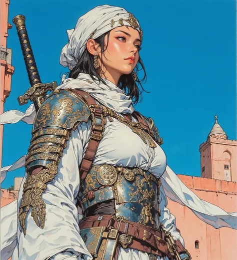 Low angle sketch, hand drawn. Masamune Shirow, medieval Arab warrior, freeze frame inspired, artgerm style. sHe has traditional Arab warrior armor and a beautiful (((curved oriental dagger))). sHe wears a turban and loose white clothes. (((beautiful detail...