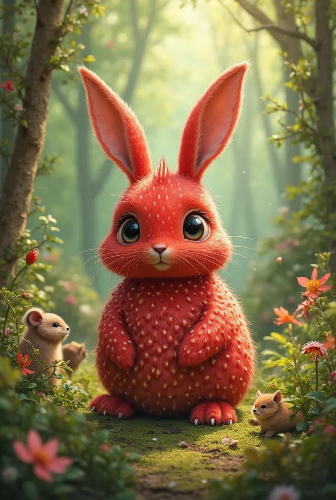 Strawberry-hare hybrid, strawberry body, live animals in the forest 