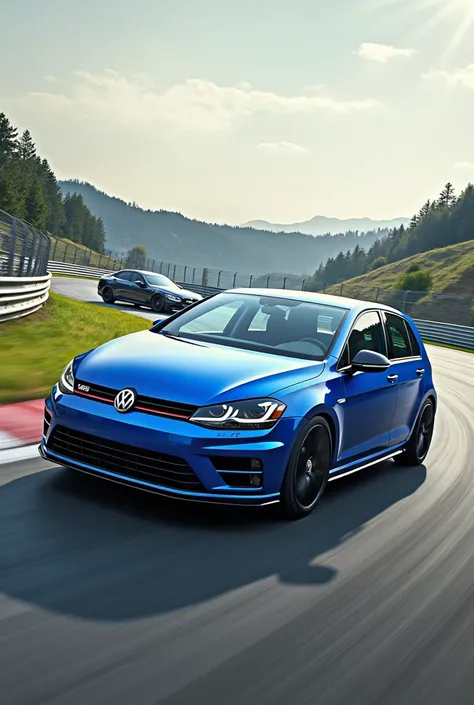 Blue golf r with bmw 135i on a track 