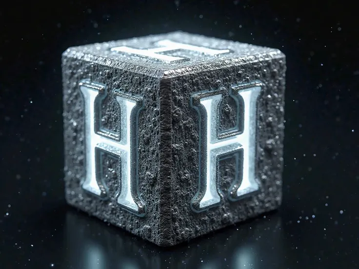 Make a cube, with shiny details in white, and on all sides the letter H is written in ultra detail, the letter H is in the middle of the cube, the letter H is ultra detailed with ancestral marks, and all sides show the letter H, in an ultra technological w...