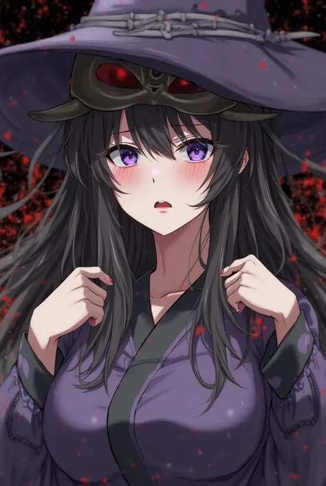 Long Hair, Solo, 1girl, High Resolution, Breasts, Black Hair, Purple Eyes, Horns, High Details, Quality, High Quality, High Resolution, Breasts, Closed Mouth, Tears, Makeup, Crying, Crying With Eyes Open, Red Lips, Sad, Pain, Worried, Evil, Jewelry, Horns,...