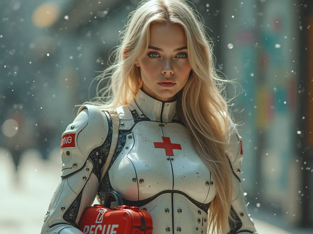  Future Sense of Technology ，High image quality，Female Model，Sexy，Rescue，mechanical，Futuristic，Real People，Reach out to save people， fair skin， Shawl Long Hair ，blond，The word 77 is on the costume,Hand held first aid kit