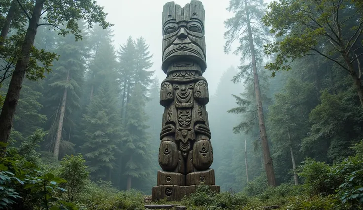 "A hand-carved wooden totem pole with intricate tribal symbols, standing against the backdrop of a misty, dense rainforest."
