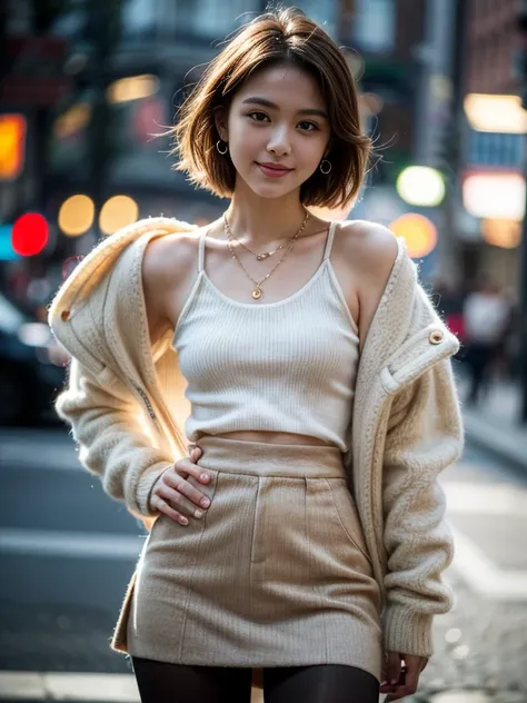 top quality, ultra high resolution, realisitic, Beautuful Woman, Beautiful detail eyes and skin, smile, Light brown short-cut hair, She is Wearing (small earrings, tiny necklace, Bodycon Wool Mini Skirts, Pantyhose), posing for a photo, gorgeous model, pho...