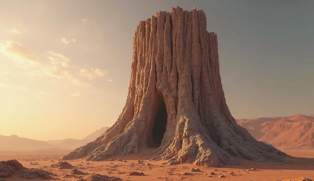 "A colossal, ancient petrified tree trunk with intricate fossilized textures, standing tall in a desert landscape under a twilight sky."
