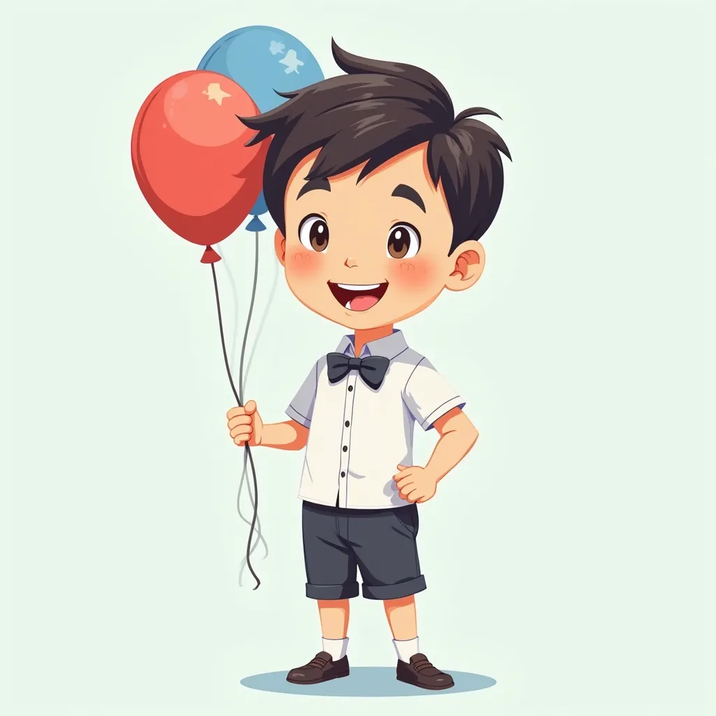 A cartoon boy of Asian appearance, aged 5-7, in a neat school uniform: white shirt, dark shorts or trousers, tie or bow. He stands holding a bright balloon (e.g. red or blue) by a string, which sways slightly. The facial expression is joyful, with a smile ...