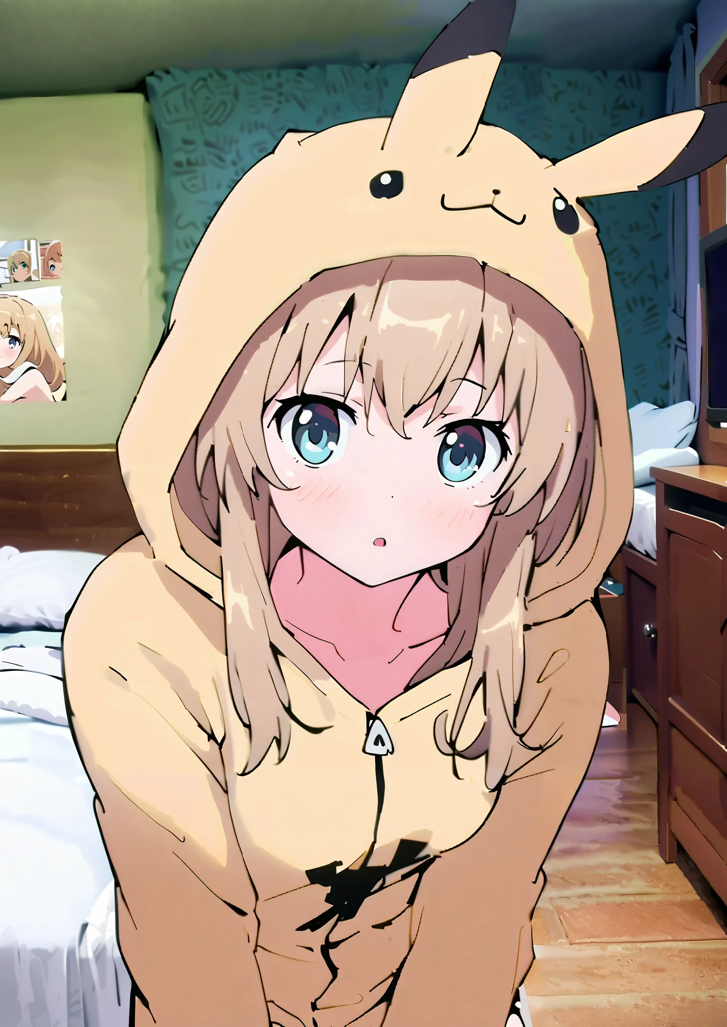  score_9,  score_8_up,  score_7_up,  source_anime,
Taigaisaka, Aisaka Taiga,  long hair, Alone,brown hair, brown eyes,blush,is embarrassing,
Pikachu cosplay, pikachu \(pikachu\), character print, Food, Foodie, yellow Foodie, Interior , beautiful night view...