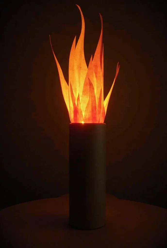 Create an image of a homemade torch with the following materials An empty roll of toilet paper
Paper or cardboard to simulate flames (can be orange and yellow paper)
adhesive tape
