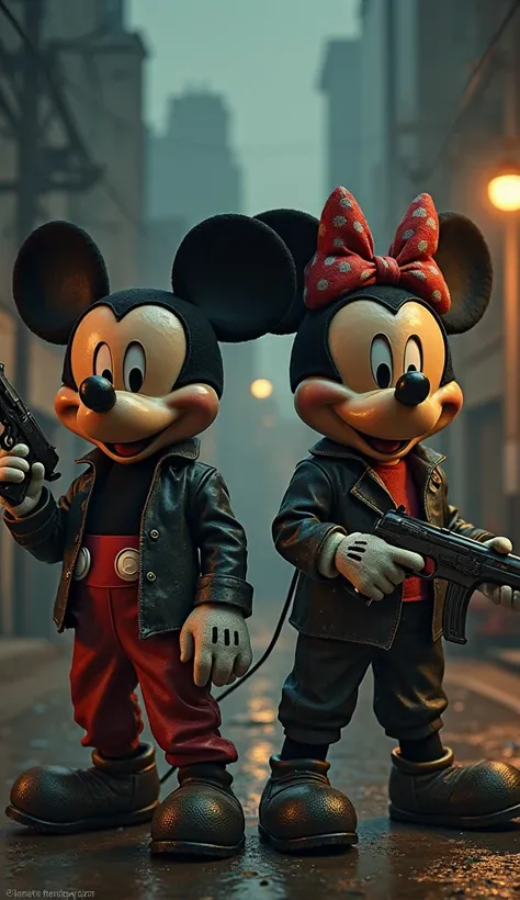 micky mouse and minnie mouse gangsters with guns , cinematic and realistic