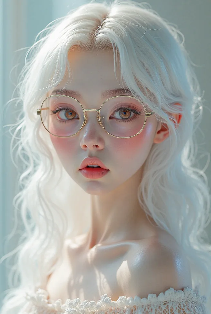 . A picture of a virtual person ,  Sweet Faced Men ,  Pinkish White Skin  ,  white hair , Honey red eyes , And put on glasses and some light makeup and apply some light pink lipstick.