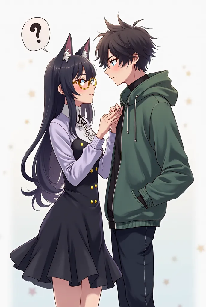 La imagen es una ilustración digital de estilo anime que presenta a una pareja de  2 jóVenes. La joVen mujer con orejas de gato negras colocadas sobre su cabello oscuro que le llega a los hombros . She sports golden glasses with black frames, and has a con...