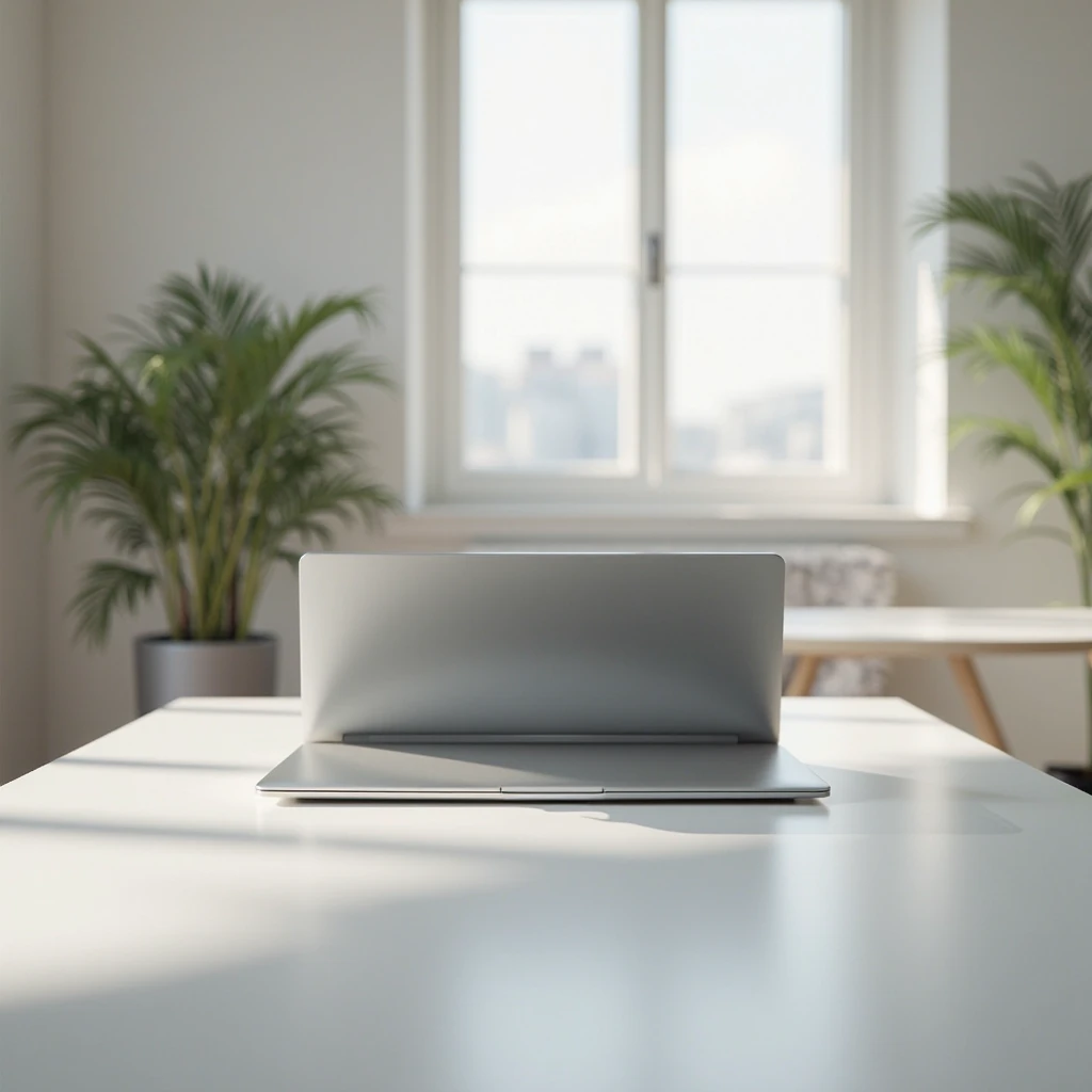 laptop ads, photorealistic 4k, detailed laptop, modern office setting, natural lighting, sleek metallic laptop, white minimalist desk,front view of laptop