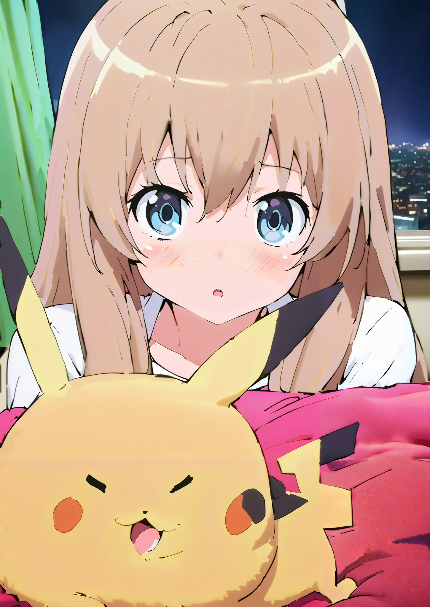  score_9,  score_8_up,  score_7_up,  source_anime,
Taigaisaka, Aisaka Taiga,  long hair, Alone,brown hair, brown eyes,blush,is embarrassing,
Pikachu cosplay, pikachu \(pikachu\), character print, Food, Foodie, yellow Foodie, Interior , beautiful night view...