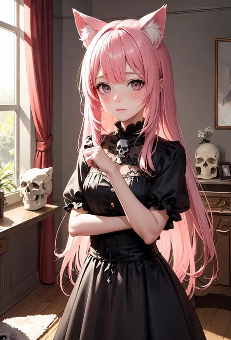 , suimya,best quality,masterpiece,1girl,animal ears,pink hair,looking at viewer,long hair,cat ears,extra ears,grey eyes,animal ear fluff,blush,,,living room,afternoon sunlight,discussing clothes,(gothic skirt,skull accessories:1.2),pink-haired female with ...