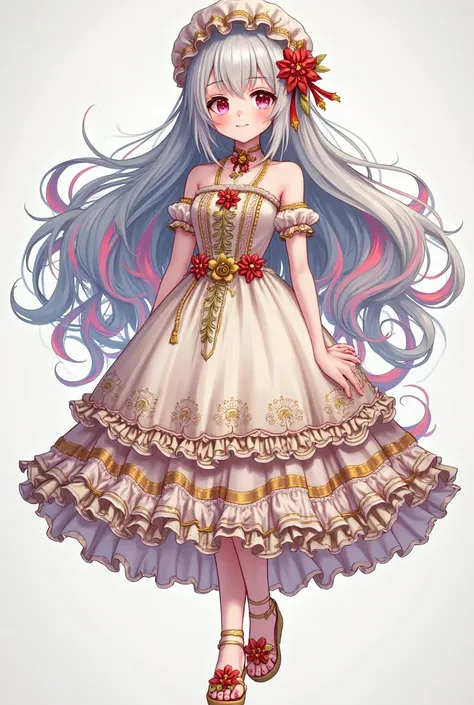 anime girl with long silver hair with highlights of blue and cherry pink, wears a dress with lots of laces, ruffles, golden flowers and greek looking neclaces. Her sandals is also like a golden flower design and make her accessory on her head such as her s...