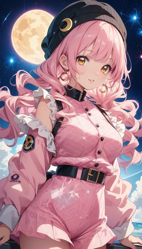 anime girl , mature face, anime-style girl with shoulder-length pastel pink hair, slightly wavy, wavy hair pastel pink hair in twin tails, wearing a black beanie adorned with a crescent moon symbol. Her golden amber eyes are highlighted by soft lighting, a...