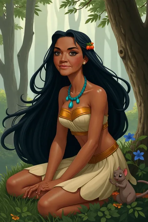 Pocahontas de Disney,  assis dans la forêt avec les cheveux volant dans le vent ,  avec des animaux environnants, y compris un raton laveur du film, oiseaux volants. En arrière-plan, de vieux arbres et des fleurs . réaliste