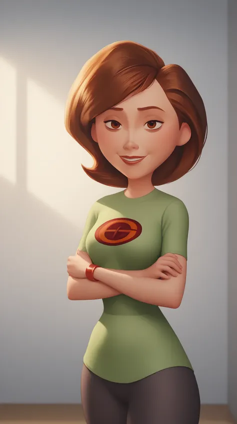 1 fille, helen parr, brown hair, panty,green t-shirt,handband,smile