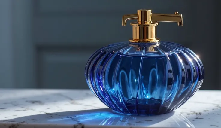 "An elegant perfume bottle made of deep sapphire glass with a golden sprayer, placed on a marble vanity, capturing the essence of luxury and fragrance."
