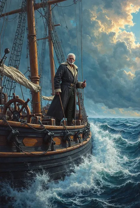 painting picture of captain piloting ship,against the background of lightning and cloudy clouds