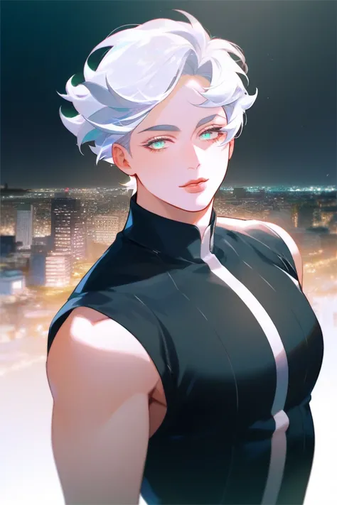 high quality, 8K Ultra HD, A man with a long wavy white hair, pale green color eyes, plump lips, sexy body, smooth skin, small waist, long eyelashes, beautiful handsome face, fair skin tone, thin almond eyes, wearing a black dress, city background