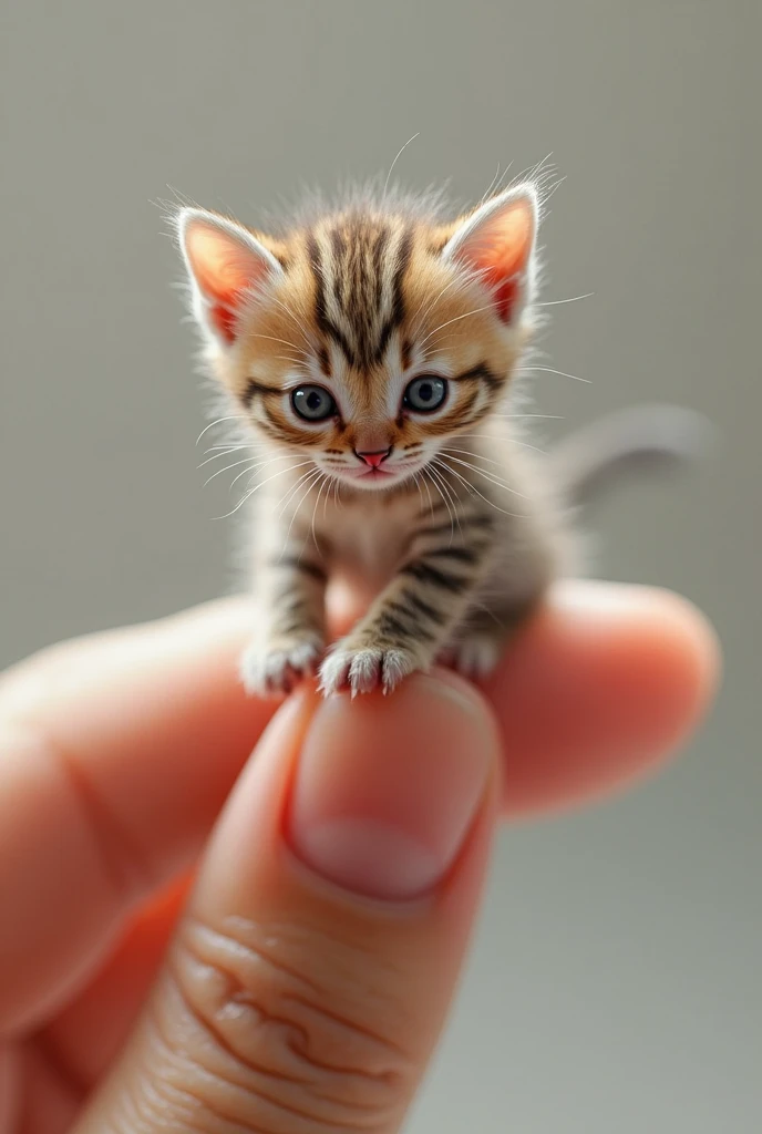 Create a hyper-realistic image of a small baby cat sitting on a
human thumb and moving