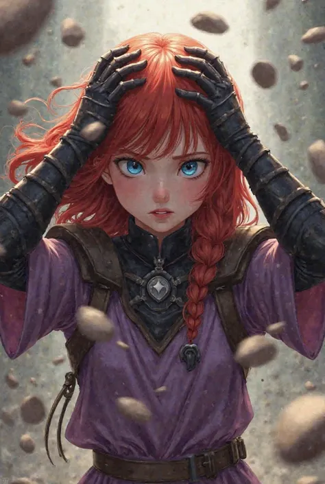  girl 
She has red hair and blue eyes in a purple dress and black clothes 
She sits with her hands on her head to protect her from people hitting her with stones 