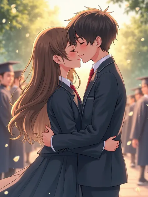 Male and female couple on middle school graduation day、uniform、He hugs her from behind、Just before she turns around and kisses、 youth