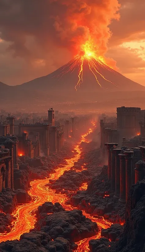 This impressive image shows Pompeii completely consumed by magma and volcanic ash, with Mount Vesuvius still erupting in the background. The city seems like a sea of fire, with lava rivers illuminating the ruins in an intense orange tone, reinforcing the a...