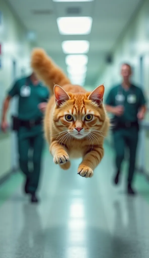 8K ultra-wide angle, bright, detailed, soft, photorealistic image. A very large orange cat flies in the air in front of a group of security guards running in the hospital corridor. The cat should appear to be moving quickly. The corridor is long and bright...