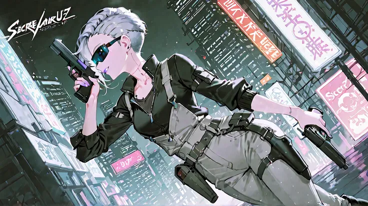 core_9, score_8_up , score_7_up , score_6_up , score_5_up , score_4_up , 4K,8k,1woman,  Silver Hair,shaved sides, Eyes that shine with youthful energy and curiosity,  cyber sunglasses,3/4 sleeve black shirt with open neck,Roll up  sleeves,gray(0.7)Holster ...