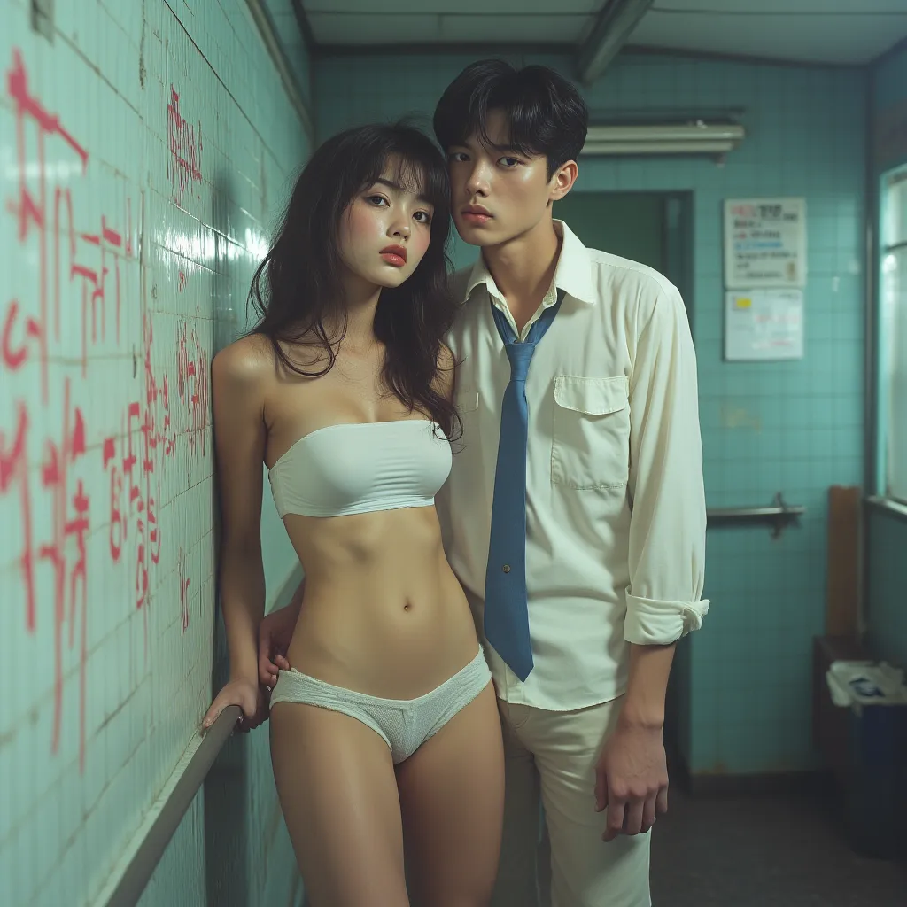 Porn girls have graffiti and women's phone numbers written on them in an old, shabby public train station bathroom). In man .Korean Beauty,Korean model.Korean girl group.  She's wearing a tight white shirt ,  blue tie , White panties-boxer ,  and knee-leng...