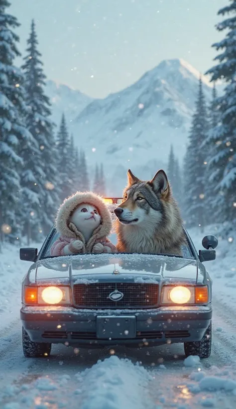 A small white kitten wearing a cozy winter outfit is riding in a police car alongside a large wolf. The police car is driving on a snowy road, with snow-covered trees and mountains in the background. The kitten looks excited, gazing out the window, while t...