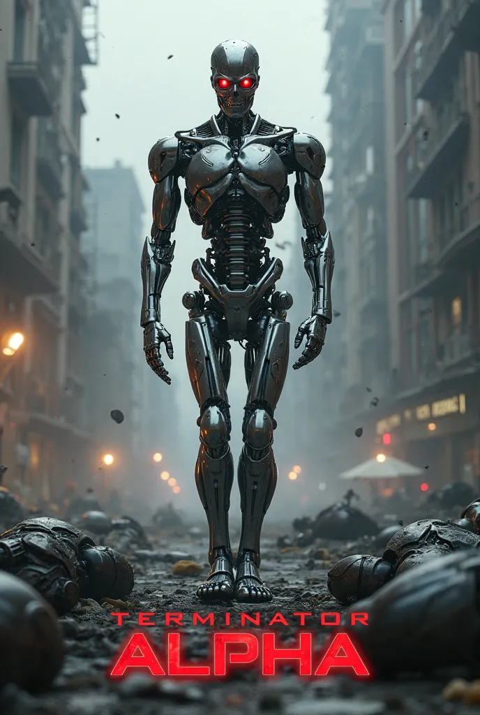 Chrome Humanoid robot male from the year 2134 walking over bodies as a Sci Fi movie poster with title below,  Terminator Alpha.