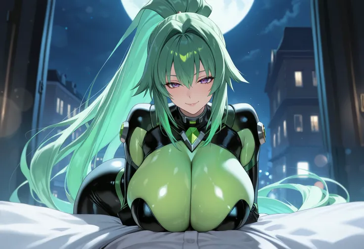 nsfw,gravure,tit ,booba,body suit, score_9,  score_8_up,  score_7_up, ( masterpiece, Ultra High Definition, 8k, 16k,  super precise), software, 1 girl, moonlight, (bitches line up in front of the motel), Bokeh, Diffuse Light, Dramatic Atmosphere,green hear...