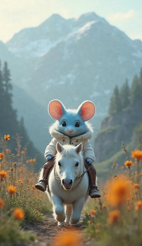  Fantastic　 realistic footage　mountainous region　Plants　 riding a white horse　A cute fluffy light blue mouse with round eyes wearing a white coat