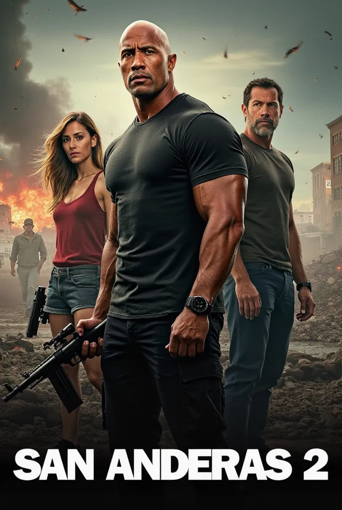 The movie title: "SAN ANDREAS 2" is bold and prominent at the bottom of the poster. Image: Dwayne "The Rock" Johnson holding a . A woman and a man stand in the background. Setting: A city devastated by natural disasters. Volcanic eruption, tsunami. The pos...