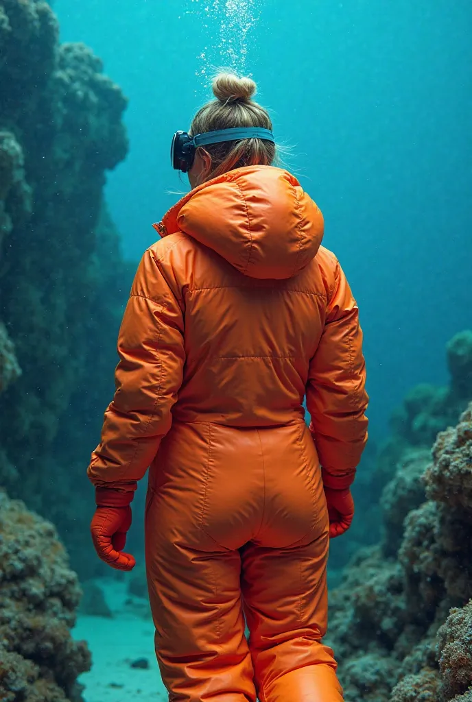 Rearview of beautiful blonde woman in heavy puffy shiny neon padded onepiece down suit with very puffy hood and puffy padded mittens, ski goggles, swimming underseas around coral rocks, gasping for air