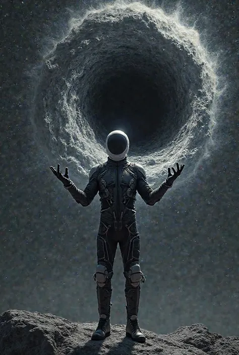 A man wears a space suit with half his body black and half his body white. He holds the black hole in his hands and wears a mask. The black hole is made big