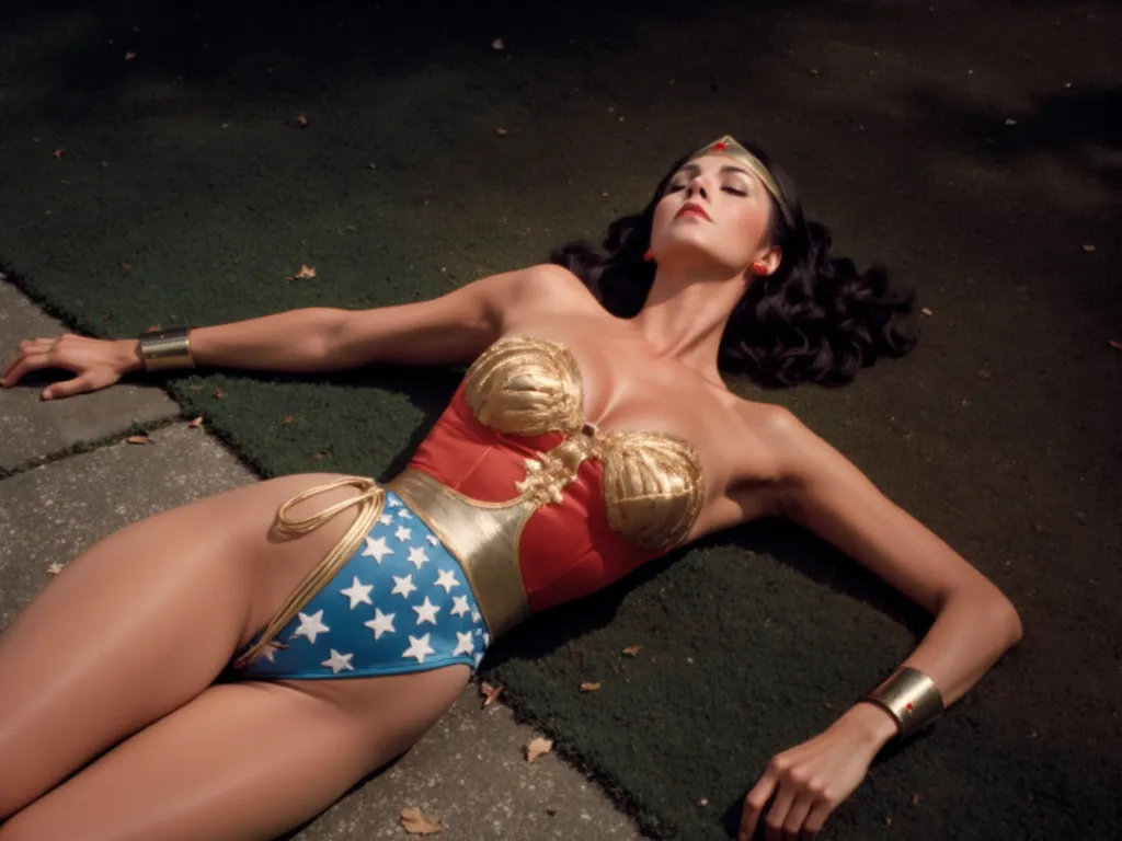  Wonder Woman lies on the evil cult altar in 1920， 1 Girl ， upper body photo , with eyes closed，unconscious ､ on the ground､ lying on back ､,  Wonder Woman revealing her  , 20 year old model， unconscious , (((Posture according to human anatomy))) ，(((Actio...