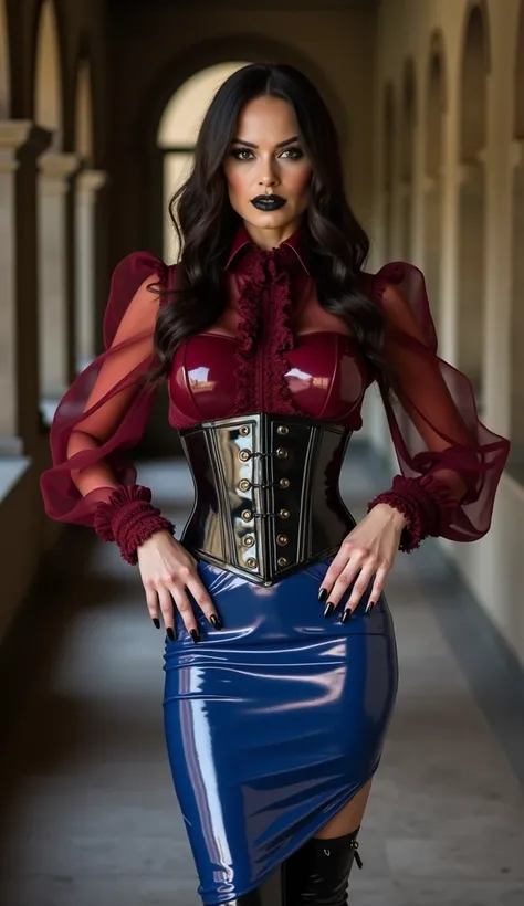 Angelina jolie, latex, dominatrix, shinny, strict, latex dark red blouse, transparent latex dark red puffy sleeves, royal blue latex pencil skirt high waist narrow, heavy black latex corset, black vinyl over the knee high heel boots stilettos, sever look, ...