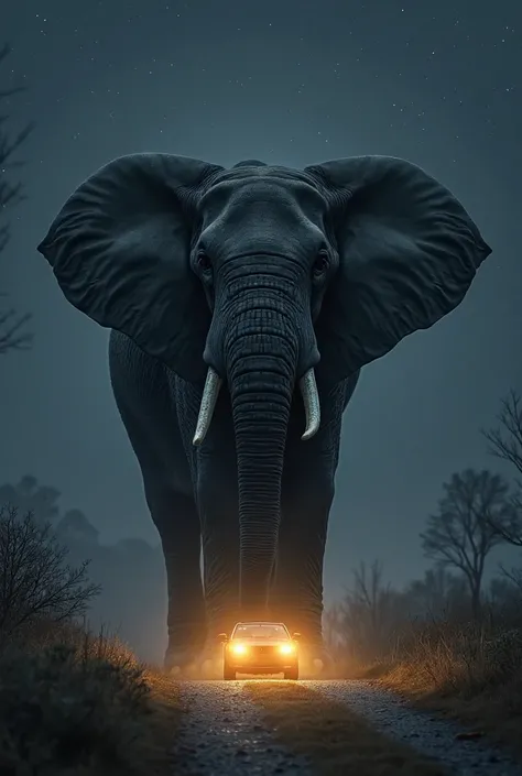 Elephant in night in front of your car where only your  car headlights is falls on hin