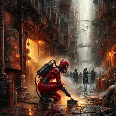 painting of a woman in a red suit kneeling down in a city, futuristic dieselpunk street, cyberpunk dark fantasy art, cyberpunk dark fantasy, cyberpunk art, in a cyberpunk setting, detailed cyberpunk illustration, as a cyberpunk dystopia, cyberpunk in a cyb...