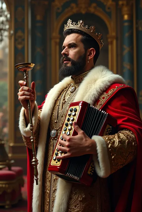 A man with an accordion in his right hand and a hookah in his left hand decides hard, Which is better "photorealism" "expensive royal rap clothes" "luxury setting"