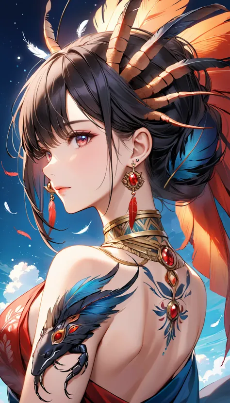 A stunning masterpiece，showing an independent woman wearing earrings in 8K resolution，Black Hair，Foreign humpback，with feathers and scorpion。She has a detailed tattoo on her back，with a shamanic halo，creates a mesmerizing visual。