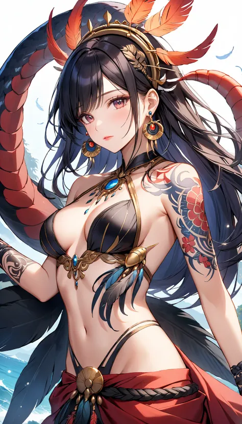 A stunning masterpiece，showing an independent woman wearing earrings in 8K resolution，Black Hair，Foreign humpback，with feathers and scorpion。She has a detailed tattoo on her back，with a shamanic halo，creates a mesmerizing visual。