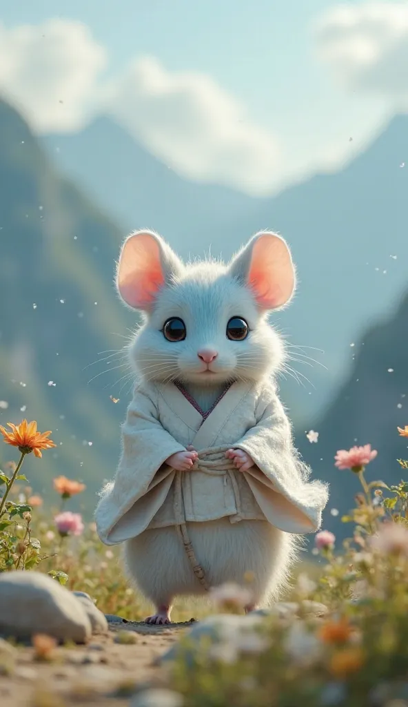  Fantastic　 realistic footage　mountainous region　Plants　 riding a white horse　A cute, fluffy, light blue mouse with round eyes wearing a white kimono