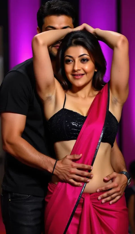 Extreme Tight hug, Extreme close view on Bitchy woman waist, an Oldman standing behind the Woman is hugging Extreme tightly from behind,  {{Waist Squeeze}}, {{Navel Kiss}}, woman arms raised above head, clean shaved armpits, in her sizzling saree, {{eyes c...