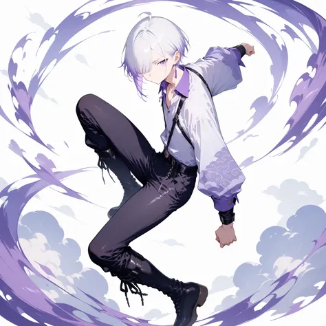 masterpiece, high score, great score, absurdres,
1boy, sranding,male focus, 20-yo, クモイエイテル, full body, toned,twink,white hair, side-parted, lilac highlights, hair over one eye,purple eyes, single purple earring/ (left ear/),avant-garde (japanes clthes:0.9)...